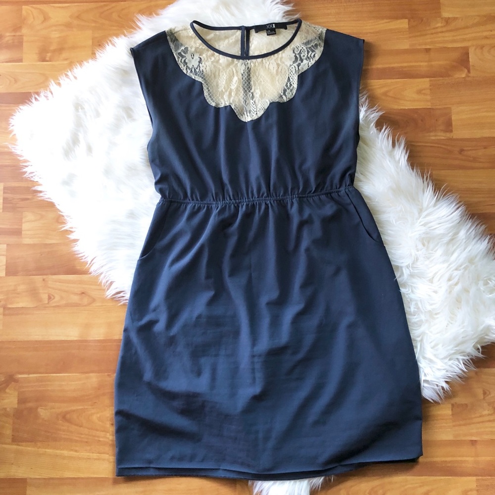 Navy Elastic Waist Dress with Lace Detail